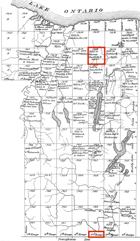 Map of the Phelps & Gorham Purchase showing the tracts and ranges.
