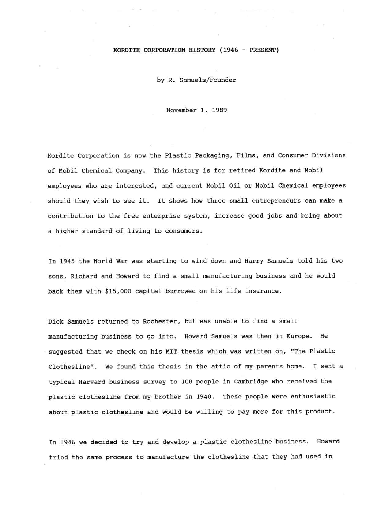 Kordite Corporation History (1946 - 1989) page 1